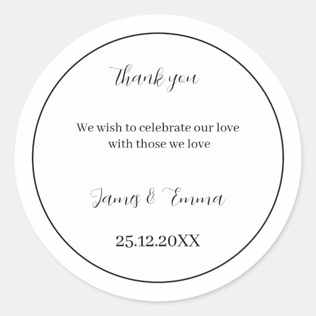 Pegatina Redonda Boda Blanco Y Negro Sencillo (Anverso)