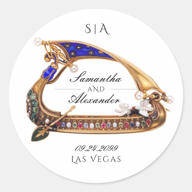 Pegatina Redonda Boda blanco y negro veneciano Gondola Ornate (Anverso)