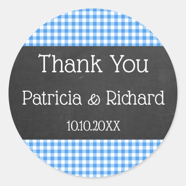 Pegatina Redonda Boda Blue Gingham Y Chalkboard Gracias (Anverso)