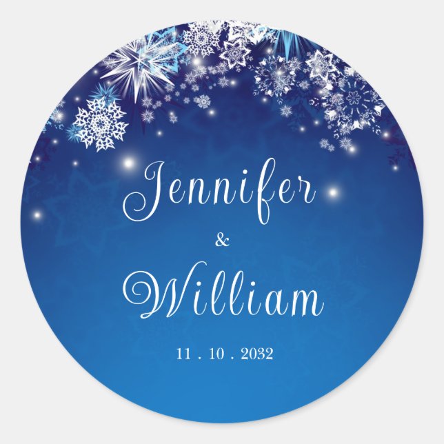 Pegatina Redonda Boda Blue Sparkling Winter Wonderland (Anverso)