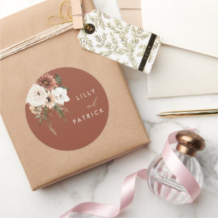 Pegatina Redonda Boda Bohemiana Floral Terracotta