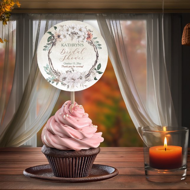 Pegatina Redonda Boda bohemio con tonos suaves de otoño (Boho Muted Fall Floral and Grapevine Wreath "Fall in Love" Bridal Shower Collection Favor Stickers)