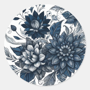 Pegatina Redonda Boda Bohemio Floral Azul y Blanco