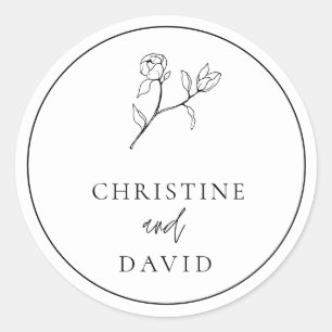 Pegatina Redonda Boda bohemio simple floral blanco y negro