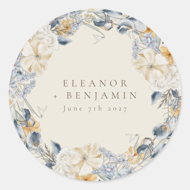 Pegatina Redonda Boda Boho Acuarela Floral Azul Rústico Amarillo (Anverso)