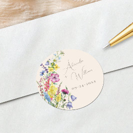 Pegatina Redonda Boda Boho Beige Floral Flor Silvestre