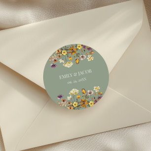 Pegatina Redonda Boda Boho de Flor Silvestre Verde Salvia