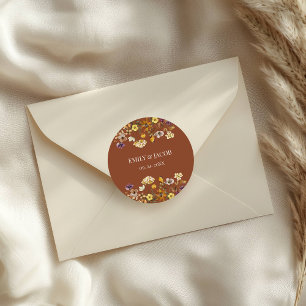Pegatina Redonda Boda Boho de Terracota y Crema con Flores Silvestr