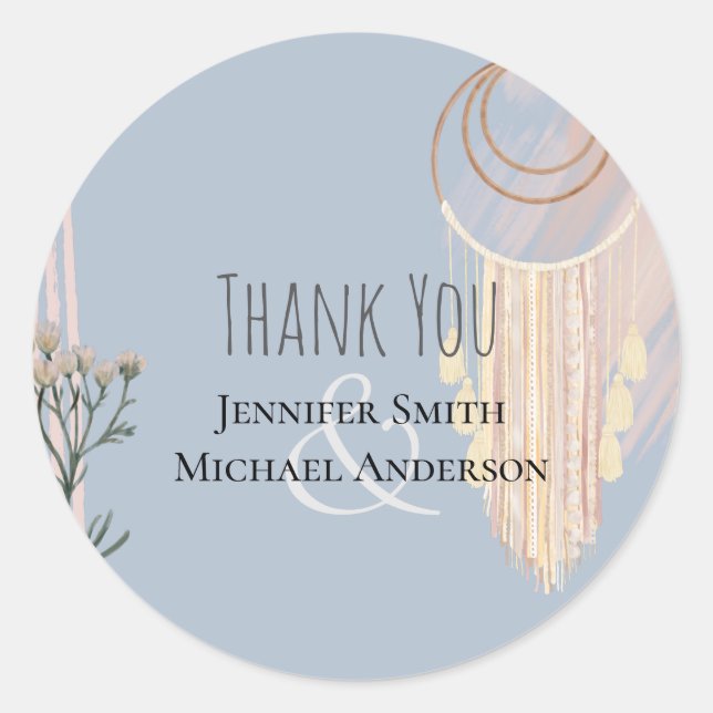 Pegatina Redonda BODA BOHO Dusty Blue Peach Dream Catcher (Anverso)