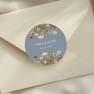 Pegatina Redonda Boda Boho Flor Silvestre Azul Polvoriento 