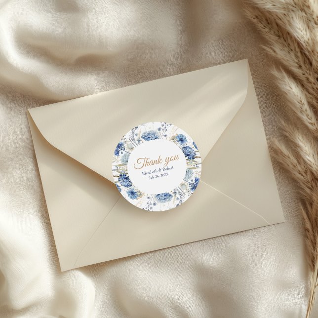 Pegatina Redonda Boda Boho French Blue Wildflowers Gracias (Boho French Blue Wildflowers Wedding Thank You Classic Round Sticker on a small envelope)