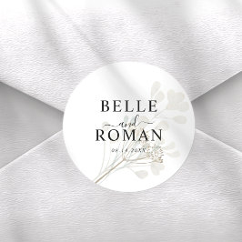 Pegatina Redonda Boda Botánica Blanca y Beige Minimalista