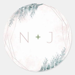 Pegatina Redonda Boda Botánica Geométrica Acuarela Rosa Claro