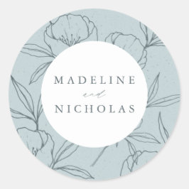 Pegatina Redonda Boda Botánica Moderna Floral Azul y Navy Pizarra