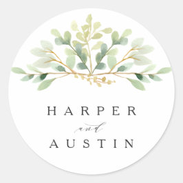 Pegatina Redonda Boda botánico de acuarela verde