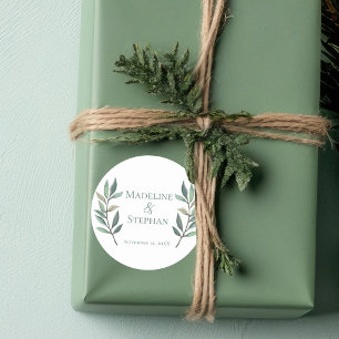 Pegatina Redonda Boda botánico de la hoja de eucalipto simple