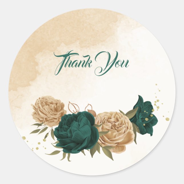 Pegatina Redonda Boda botánico de oro beige verde esmeralda (Anverso)