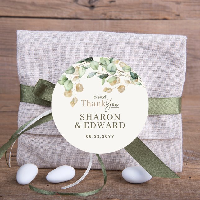 Pegatina Redonda Boda Botánico Eucalyptus Greenery & Gold (Subido por el creador)