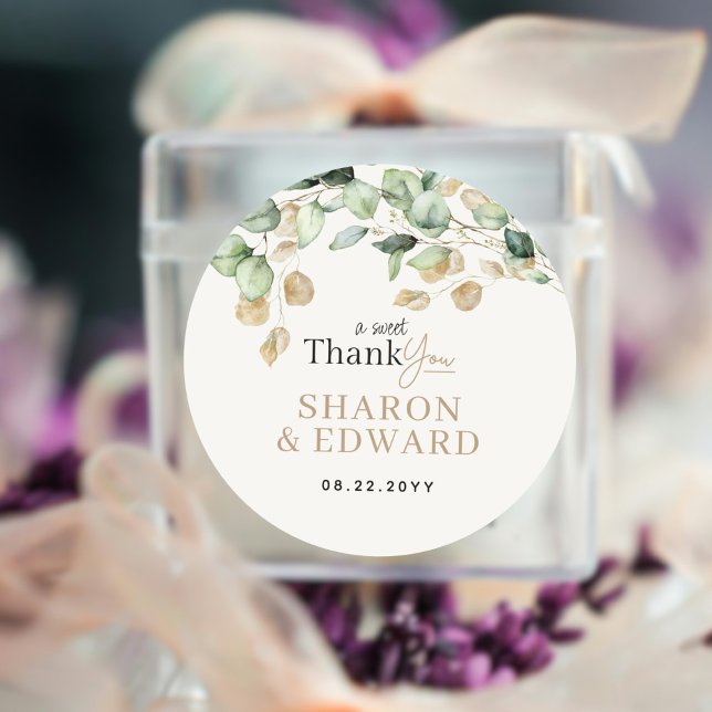 Pegatina Redonda Boda Botánico Eucalyptus Greenery & Gold (Subido por el creador)