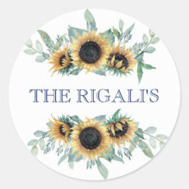 Pegatina Redonda Boda botánico floral azul girasol y marina