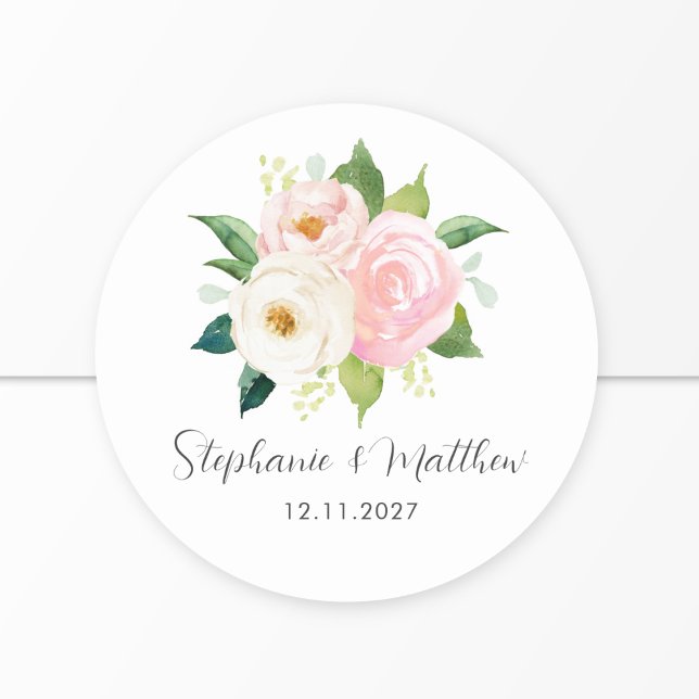 Pegatina Redonda Boda Botánico Floral de Rubor Roses Rosa (Subido por el creador)