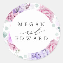 Pegatina Redonda Boda Botánico Floral Dusty Púrpura y Rosa