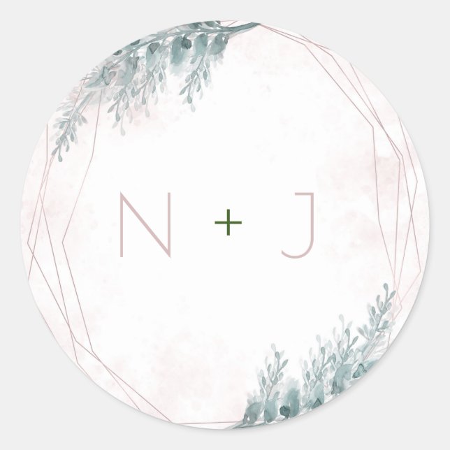 Pegatina Redonda Boda botánico geométrico de acuarela rosa Rubor (Anverso)