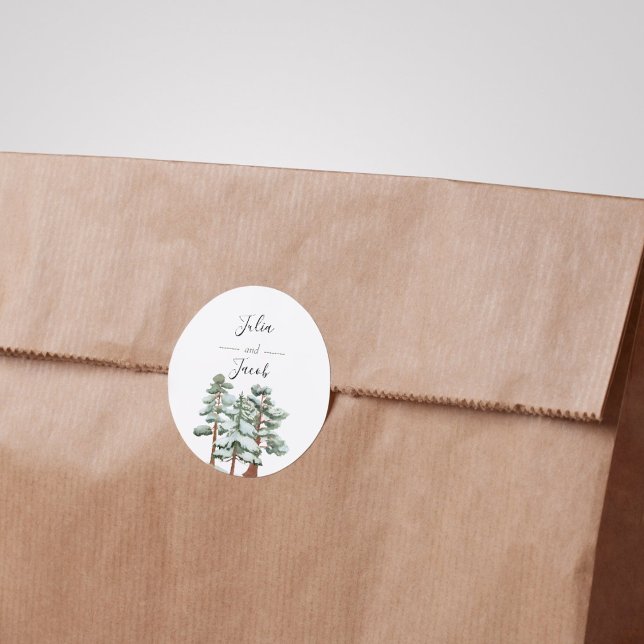 Pegatina Redonda Boda Botánico Lantern de Pine Trees Rústico Invier (Winter Rustic Pine Trees Lantern Botanical Wedding Party Supplies)