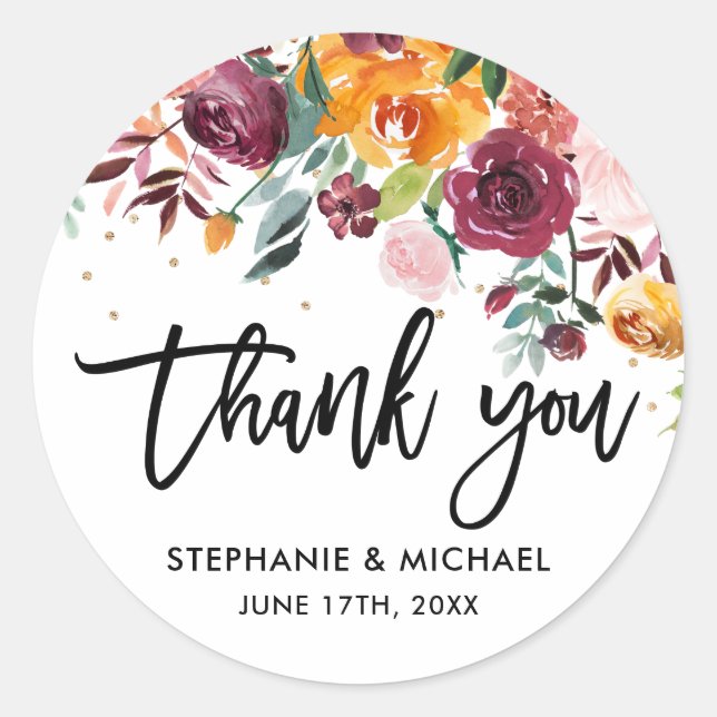 Pegatina Redonda Boda botánico Rubor Pink Florals Gracias (Anverso)