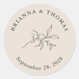 Pegatina Redonda Boda Botánico Simple Beige