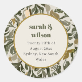 Pegatina Redonda Boda Botánico Verde Rústico Boho Retro Arch