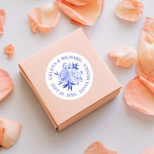 Pegatina Redonda Boda Bouquet Royal Blue and White Watercolor