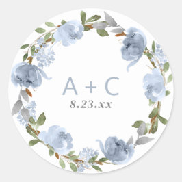 Pegatina Redonda Boda Bridal Shower Dusty Blue Gray Watercolor