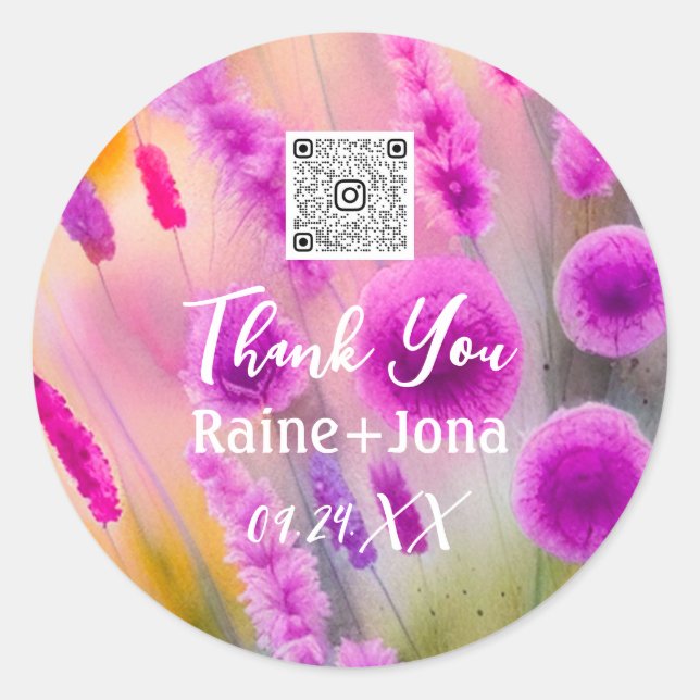 Pegatina Redonda Boda Bridal Shower Favor Flores Púrpura Código QR (Anverso)