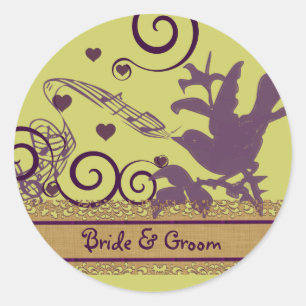 Pegatina Redonda Boda Bride & Groom Bird Swirl Purple & Lime