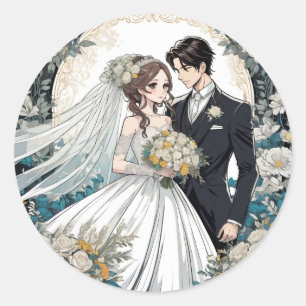 Pegatina Redonda Boda Bride y Groom Anime