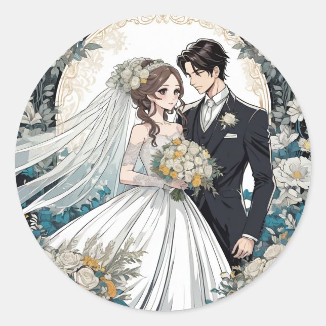 Pegatina Redonda Boda Bride y Groom Anime (Anverso)