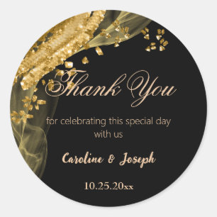 Pegatina Redonda Boda Brillante con Glitter Negro y Dorado