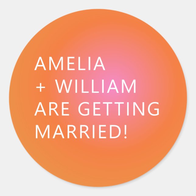 Pegatina Redonda Boda Brillante Único de Gradiente Rosa Naranja Neg (Anverso)