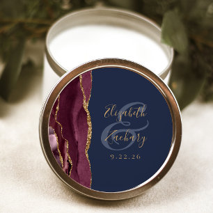 Pegatina Redonda Boda Burgundy Agata Azul Marino Dorado Script