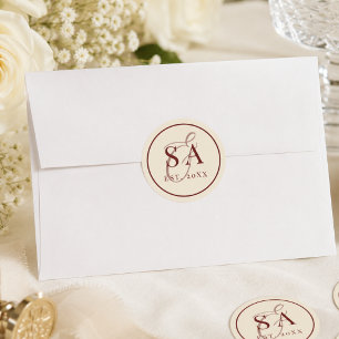 Pegatina Redonda Boda Burgundy Ivory Stripe Monograma Old Money