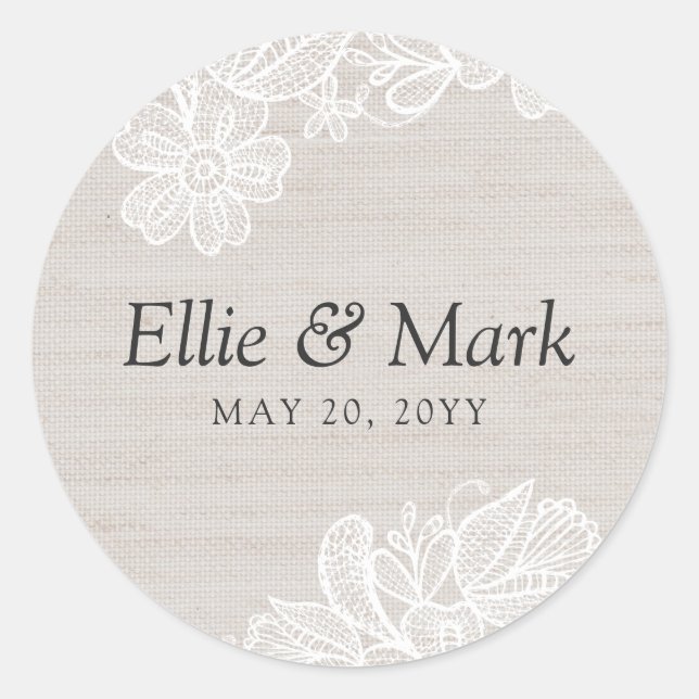 Pegatina Redonda Boda Burlap y Lace (Anverso)