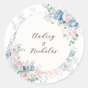 Pegatina Redonda Boda Caligrafía Clásica Romántica Floral