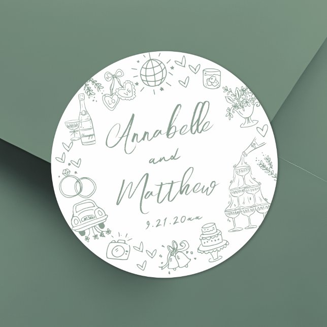 Pegatina Redonda Boda Caprichosa Verde Dibujada a Mano (Hand Drawn Green Whimsical Wedding Classic Round Sticker)