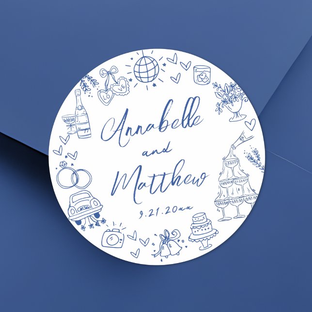 Pegatina Redonda Boda caprichoso azul de mano dibujada (Quirky Hand Drawn Blue Whimsical Wedding Classic Round Sticker)