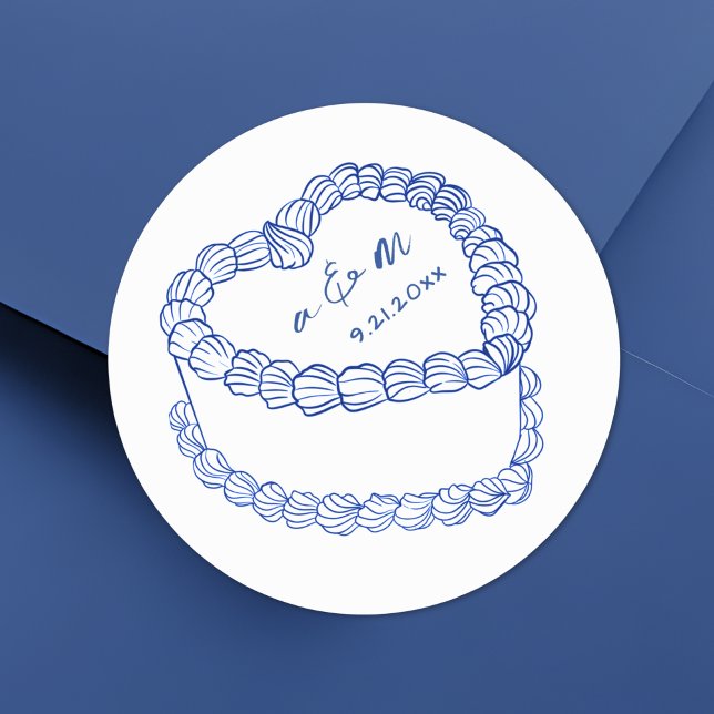 Pegatina Redonda Boda caprichoso azul del pastel de cosecha de la m (Hand Drawn Vintage Cake Blue Whimsical Wedding Classic Round Sticker)