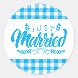 Pegatina Redonda Boda Casada Recién Plaid Azul de Cuadros Gingham