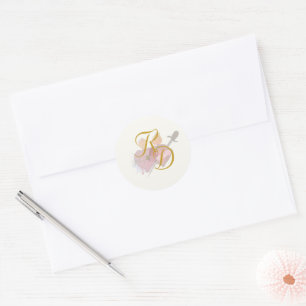 Pegatina Redonda Boda católica de dos corazones elegantes 