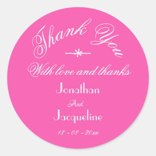 Pegatina Redonda Boda Chic Fuchsia Rosa 'Gracias' Nombres Blancos