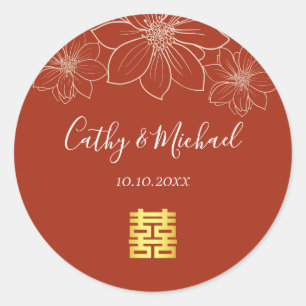 Pegatina Redonda Boda china floral moderna roja boho